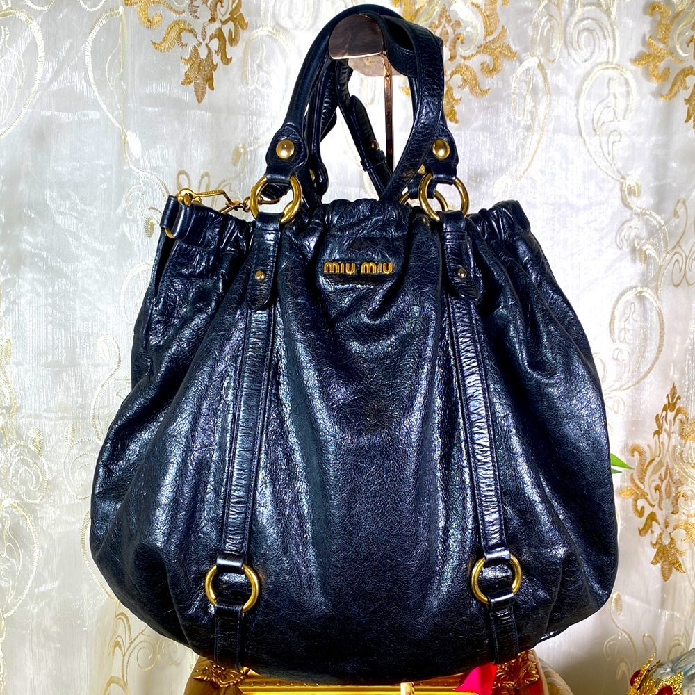 AUTH MIUMIU Vitello Lux Gathered Shopper Shine Bag - Picture 1 of 16
